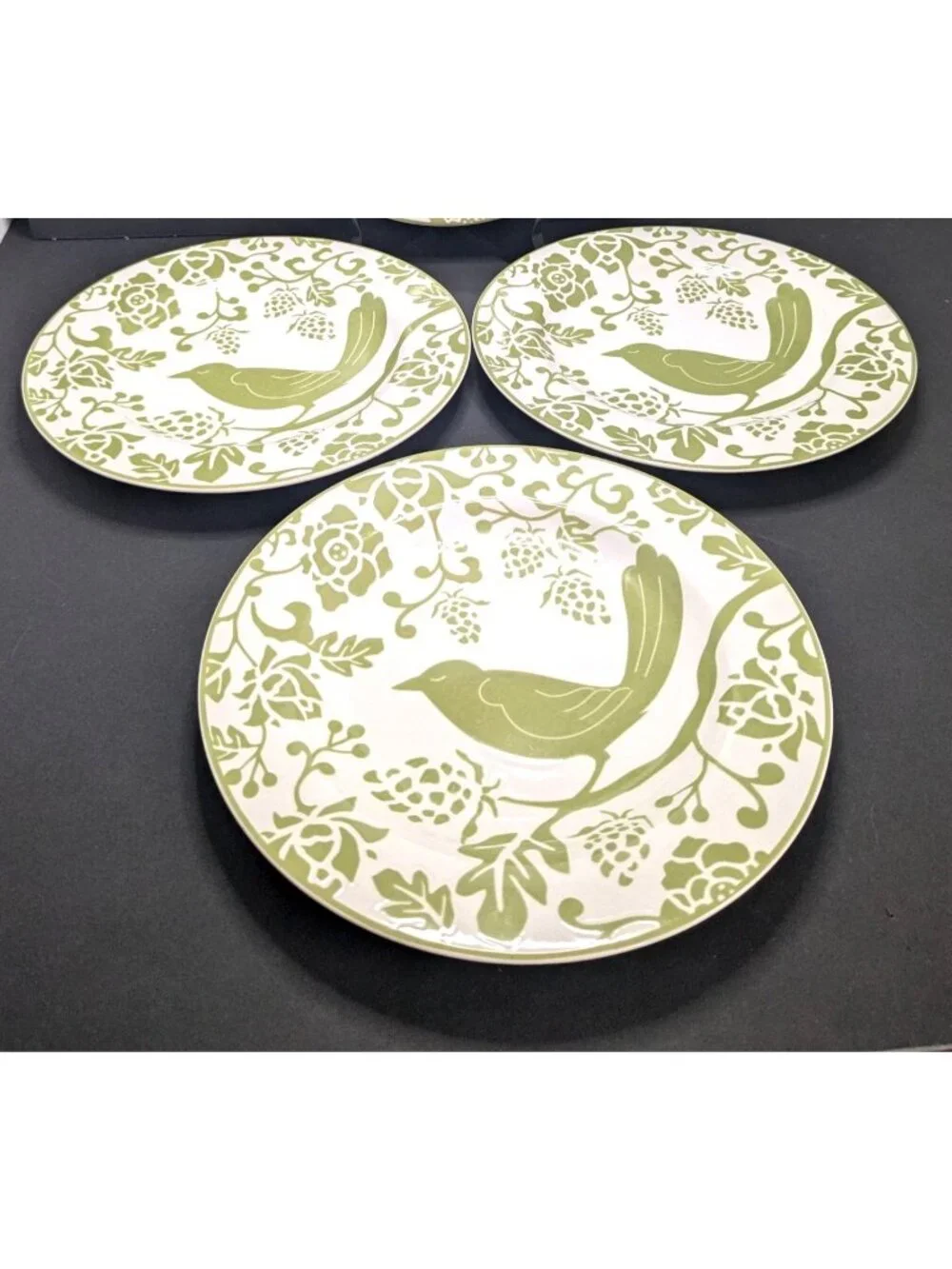 Pier 1 Imports Green Bird Stoneware 8” Luncheon Salad Dessert Plates Set Of 3
